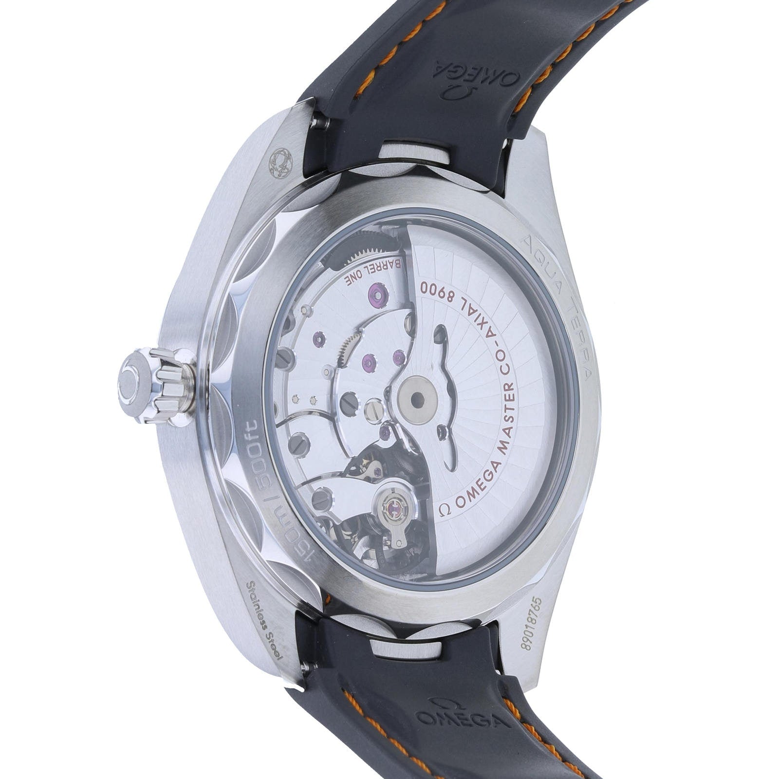 Back view of the OMEGA Seamaster Aqua Terra 150M, showing the 8900 calibre movement through a transparent caseback, complemented by a black strap with orange stitching.