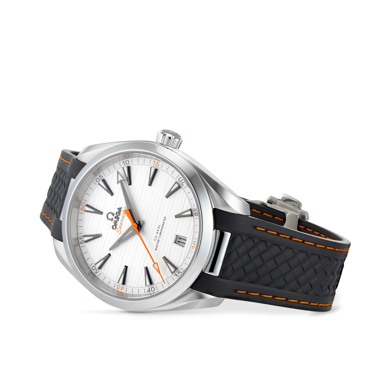 The OMEGA Seamaster Aqua Terra 150M is a silver wristwatch with a white textured dial, black hour markers, orange seconds hand, date display, and a black rubber strap with orange stitching. It runs on the precise 8900 calibre movement.