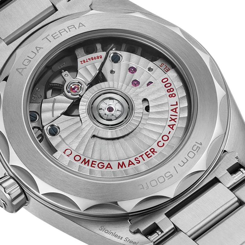 Close-up of the OMEGA Seamaster Aqua Terra 150M’s back, highlighting its maritime inspiration and the visible Master Chronometer Co-Axial 8800 movement through a transparent case back.