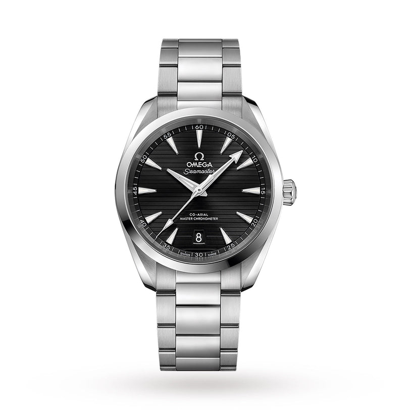 OMEGA Seamaster Aqua Terra 150M wristwatch featuring a black striped dial and metal bracelet, displayed on a white background.