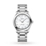 The OMEGA Seamaster Aqua Terra 150M, featuring a stainless steel case, white mother-of-pearl dial with diamond hour markers, and a metal link bracelet, is displayed on a white background to showcase its elegant design.