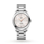 An OMEGA Seamaster Aqua Terra 150M wristwatch with a white dial, diamond hour markers, and a metal bracelet is displayed against a plain white background.