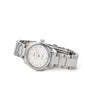 An OMEGA Seamaster Aqua Terra 150M wristwatch featuring a stainless steel case, white dial with diamond hour markers, and metal link bracelet, angled on a white background to highlight its maritime heritage.
