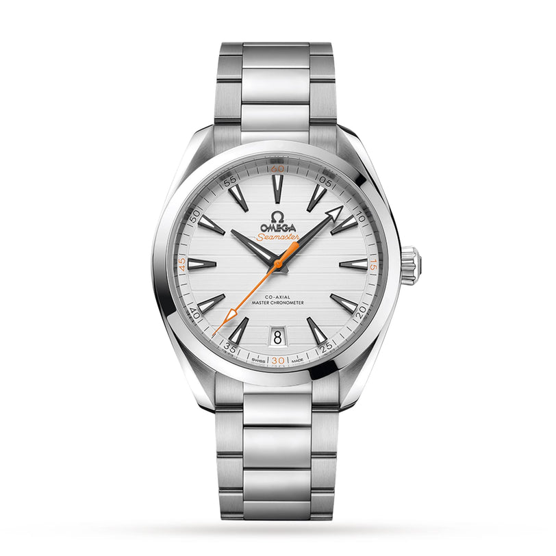 An OMEGA Seamaster Aqua Terra 150M stainless steel wristwatch with a silver dial, black hour markers, orange second hand, date window at 6 o’clock, and metal bracelet is displayed on a white background.