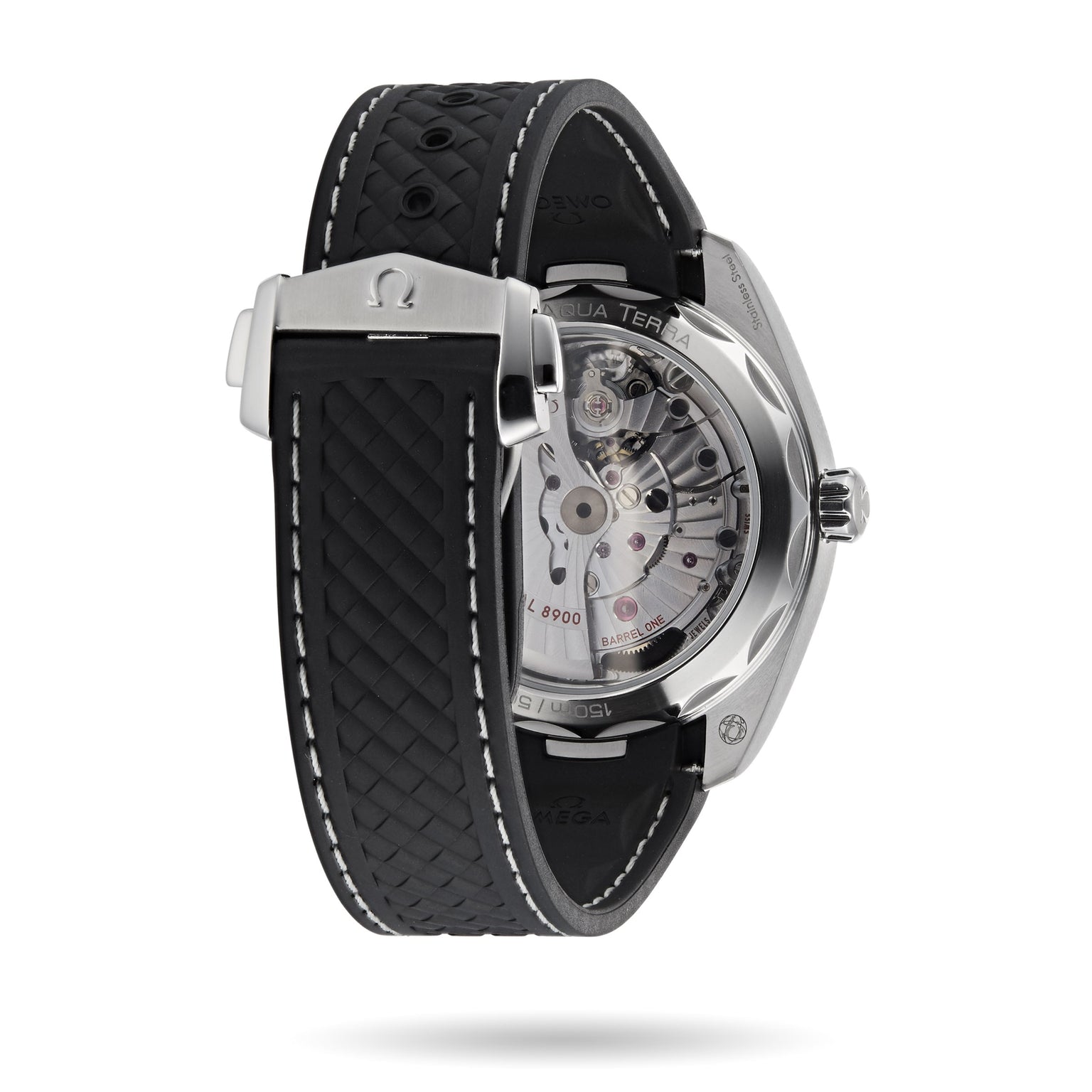 Back view of the OMEGA Seamaster Aqua Terra 150M showcasing its transparent case back, visible Master Chronometer movement, and black textured rubber strap with metal clasp.