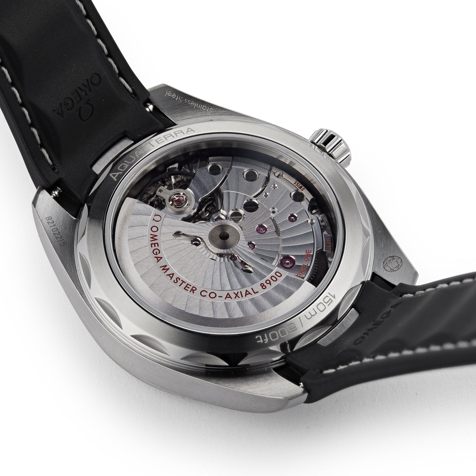 Close-up of the OMEGA Seamaster Aqua Terra 150M’s back, showcasing the Master Chronometer-certified Co-Axial 8900 movement through its transparent case back.