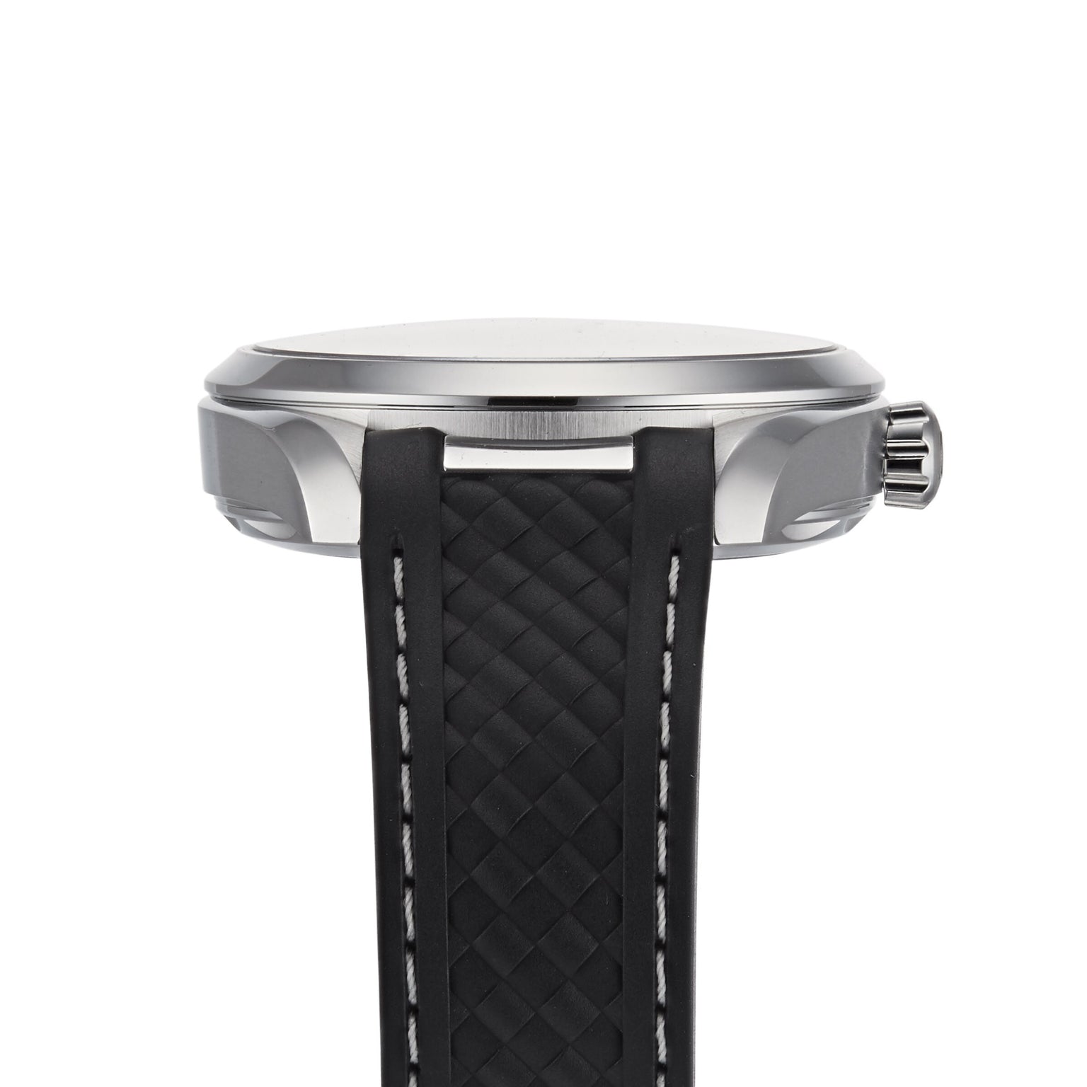 Side view of the OMEGA Seamaster Aqua Terra 150M with a silver case, ridged crown, and black textured strap with white stitching—crafted to Master Chronometer standards.