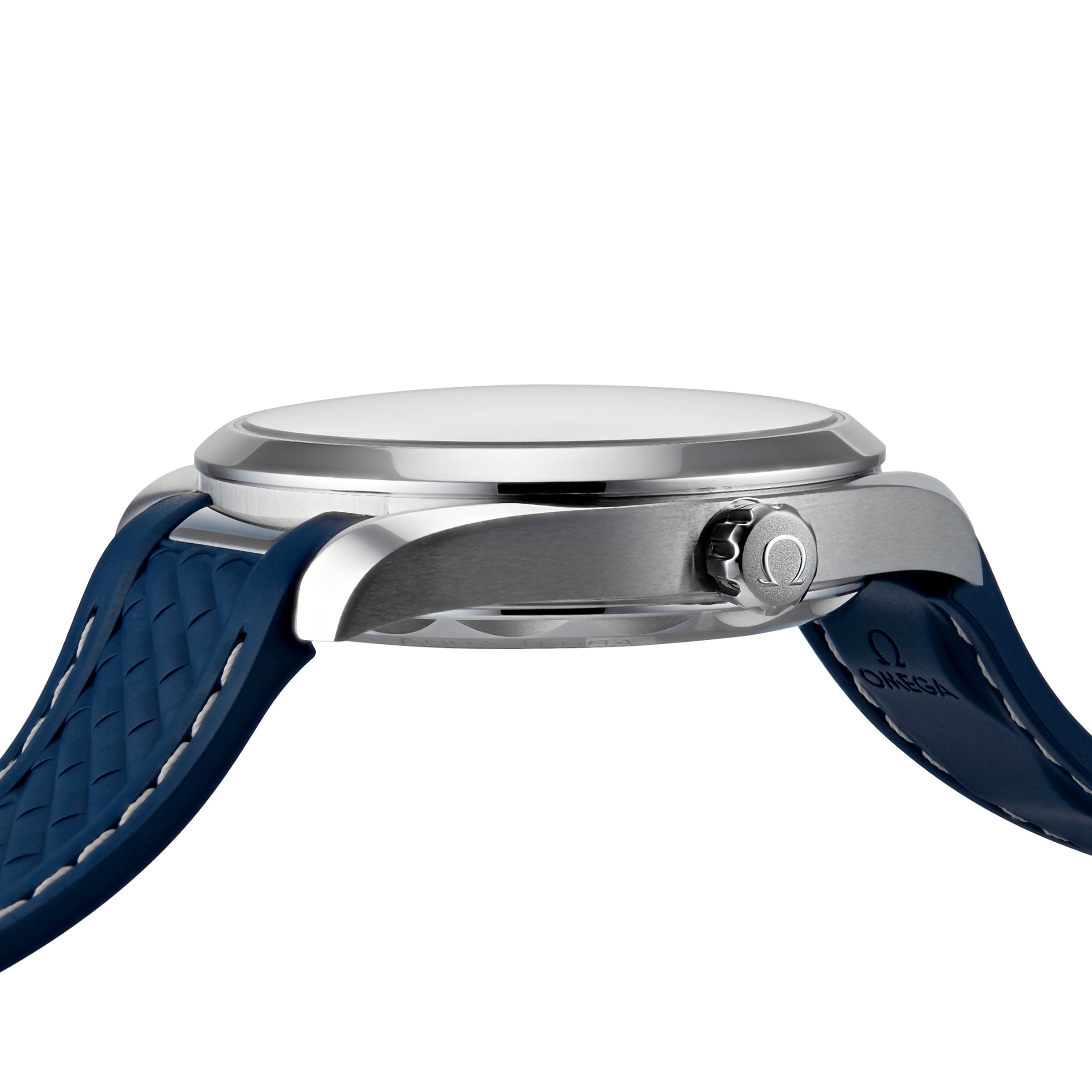Side view of the OMEGA Seamaster Aqua Terra 150M wristwatch in silver, featuring a blue textured strap and highlighting the crown and case profile against a white background.