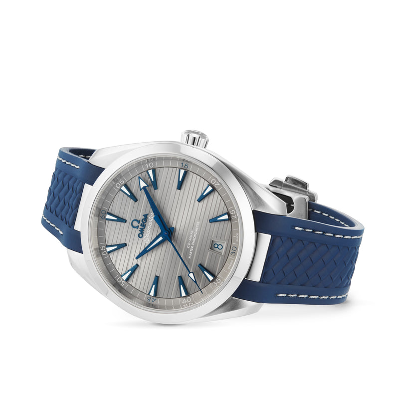 An OMEGA Seamaster Aqua Terra 150M silver wristwatch with a blue rubber strap, blue markers, and date display, shown at an angle on a white background.