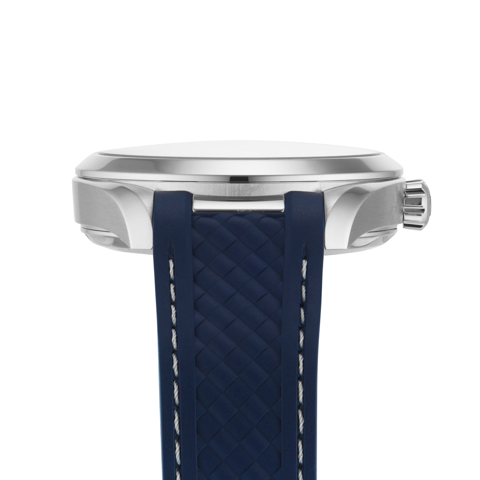 Side view of an OMEGA Seamaster Aqua Terra 150M with a silver case, blue textured strap, and visible crown set against a white background.