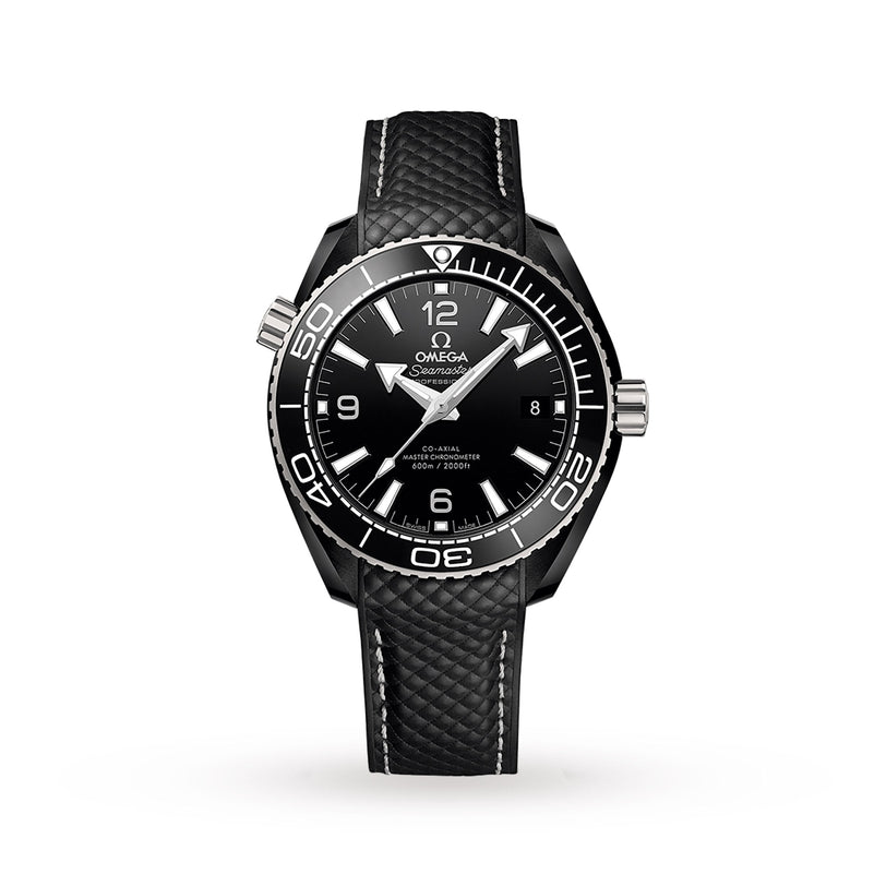 A black OMEGA Seamaster Planet Ocean 600M wristwatch with a textured strap and white hour markers, displayed on a white background.