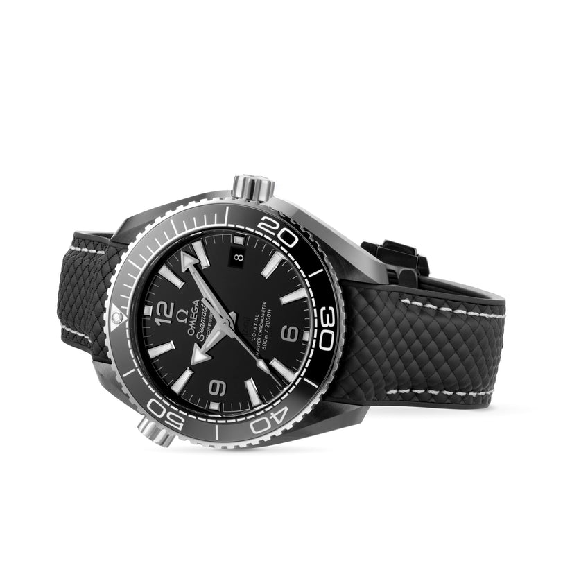 A black OMEGA Seamaster Planet Ocean 600M wristwatch with a black textured strap, angled on a white background.