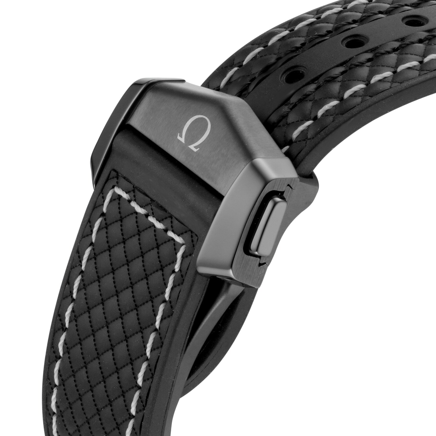 Close-up of a black OMEGA Seamaster Planet Ocean 600M watch strap with white stitching and a metal clasp displaying the OMEGA logo.