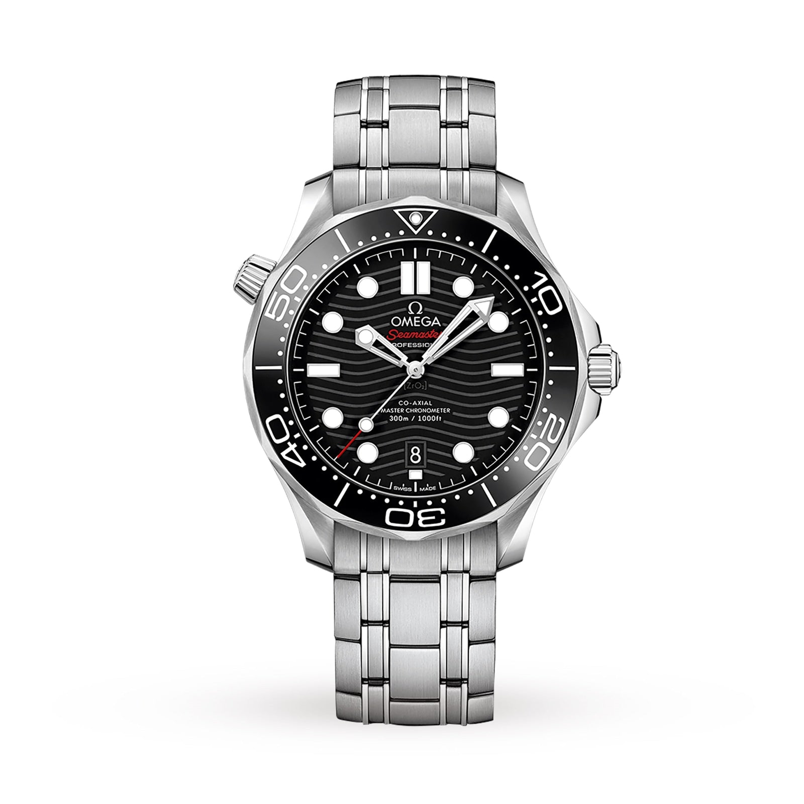 The OMEGA Seamaster Diver 300M features a stainless steel case, black wave-patterned dial, white hour markers, date at 6 o’clock, and a unidirectional bezel—iconic as the legendary Bond Watch.