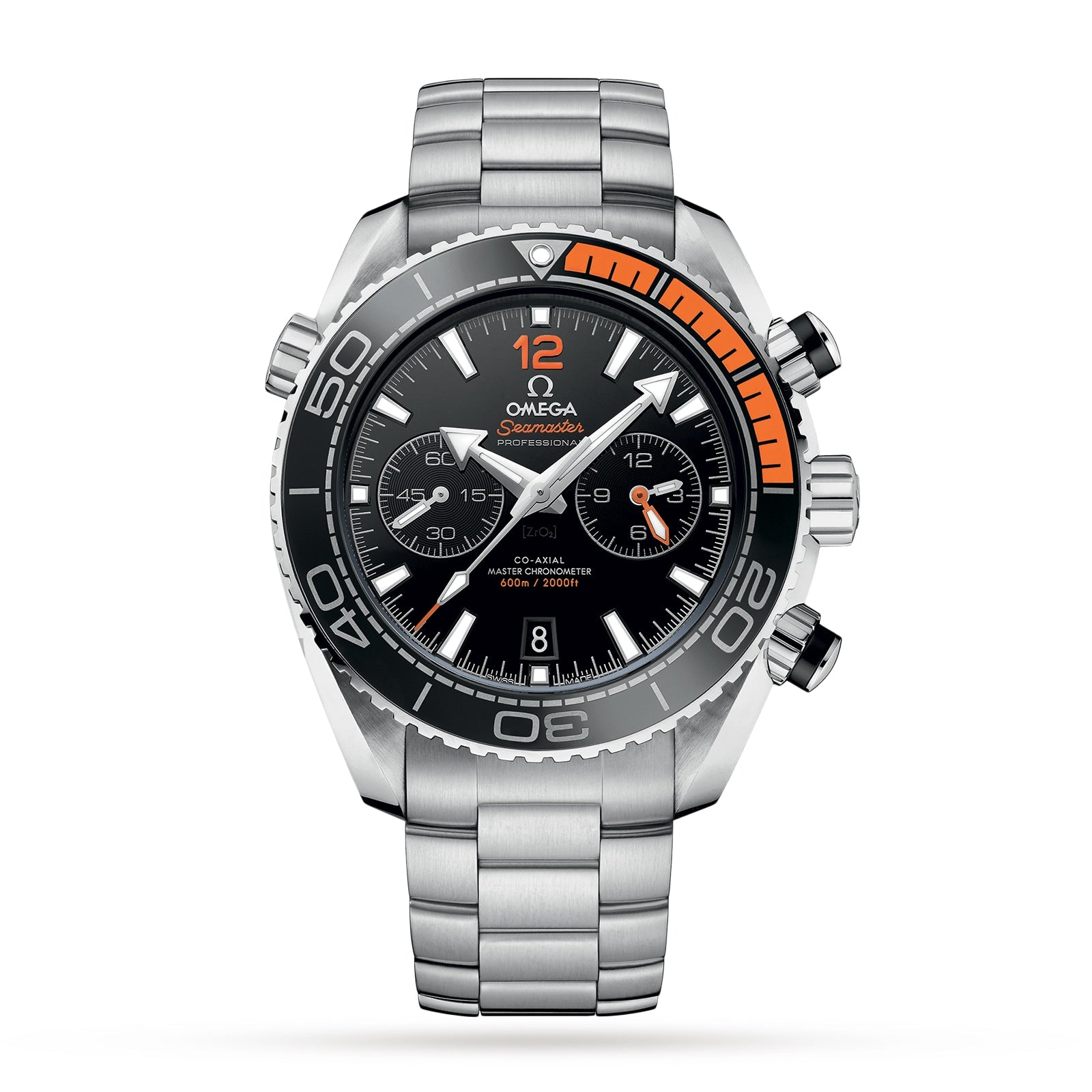 An OMEGA Seamaster Planet Ocean 600M dive watch in stainless steel, featuring a black dial with orange accents, three subdials, a rotating bezel, and a metal bracelet.