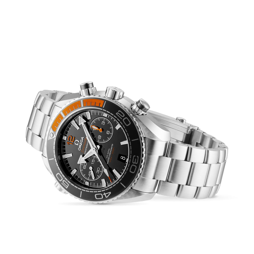 An OMEGA Seamaster Planet Ocean 600M chronograph wristwatch, featuring a black dial with orange accents, three subdials, and a stainless steel bracelet, displayed against a white background.