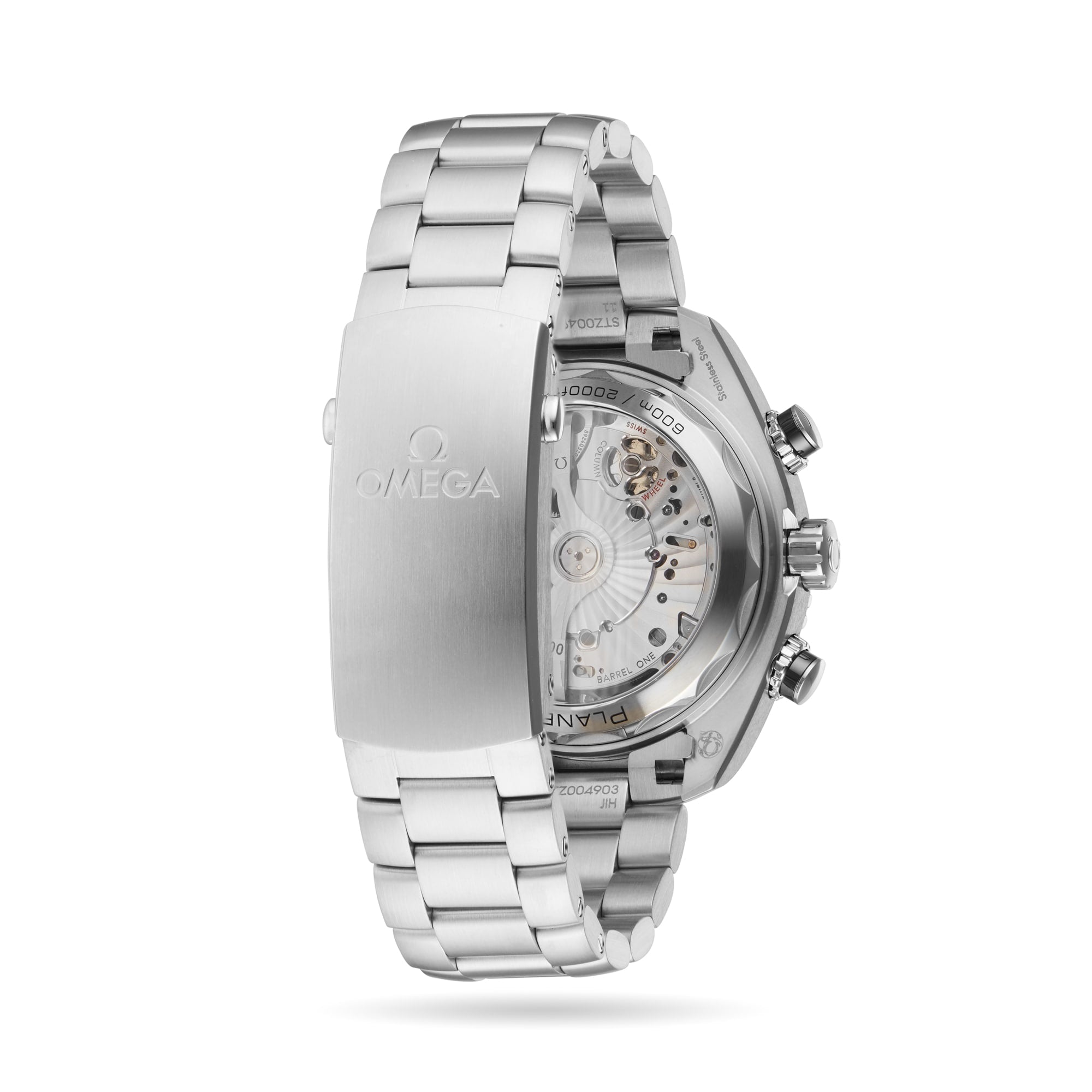 An OMEGA Seamaster Planet Ocean 600M wristwatch shown from the back, featuring a transparent case back revealing its mechanical movement, a metal bracelet, and the OMEGA logo on the clasp.