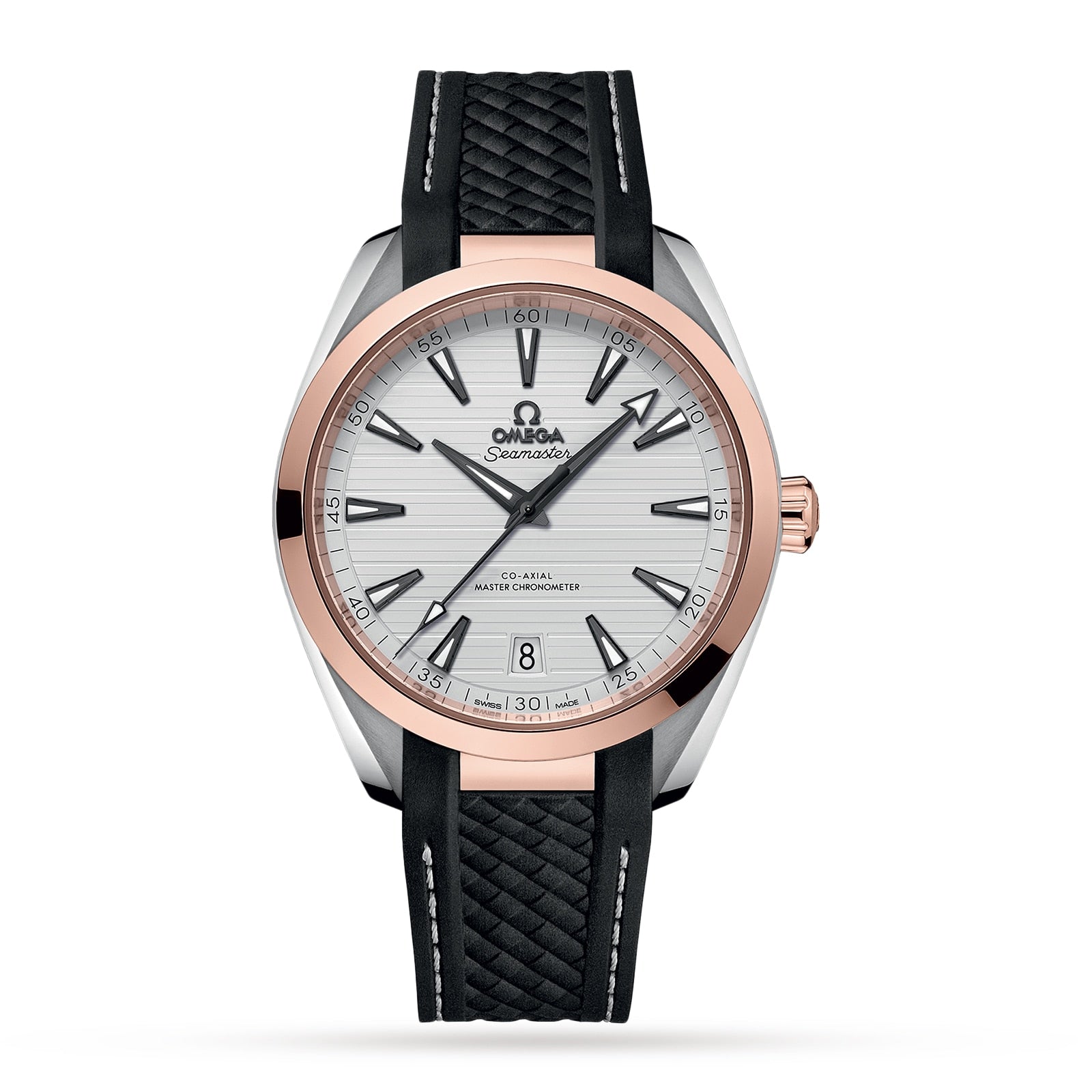 The OMEGA Seamaster Aqua Terra 150M features a silver dial, rose gold bezel, black textured strap, date display at 6 o’clock, and Aqua Terra branding on the face.