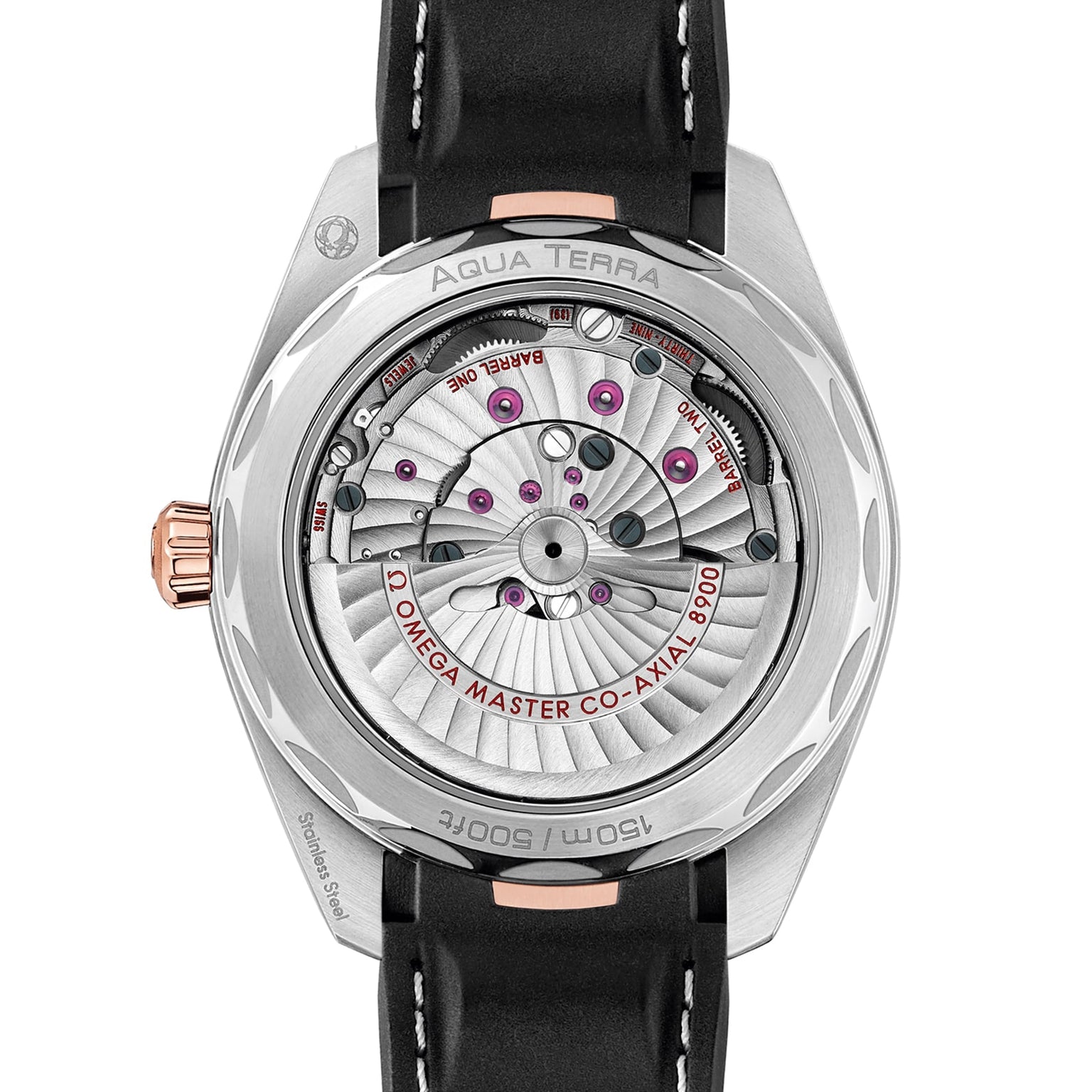 Close-up of the back of the OMEGA Seamaster Aqua Terra 150M, featuring an exposed Omega Master Co-Axial 8900 movement and black leather strap. This model is certified as a Master Chronometer for outstanding precision.