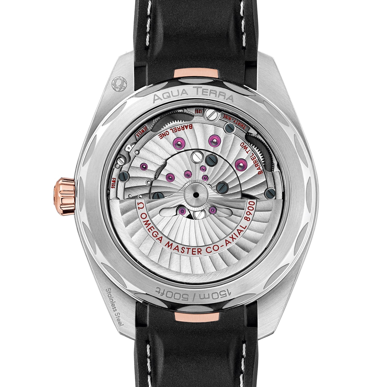 Close-up of the back of the OMEGA Seamaster Aqua Terra 150M, featuring an exposed Omega Master Co-Axial 8900 movement and black leather strap. This model is certified as a Master Chronometer for outstanding precision.