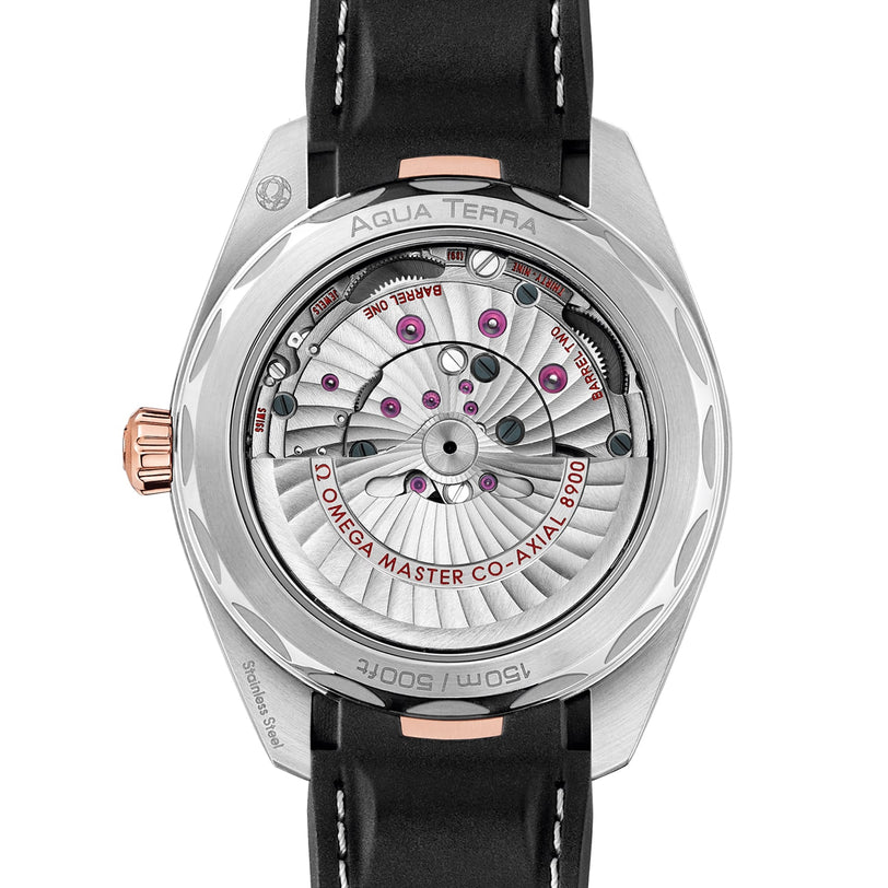 Close-up of the back of the OMEGA Seamaster Aqua Terra 150M, featuring an exposed Omega Master Co-Axial 8900 movement and black leather strap. This model is certified as a Master Chronometer for outstanding precision.