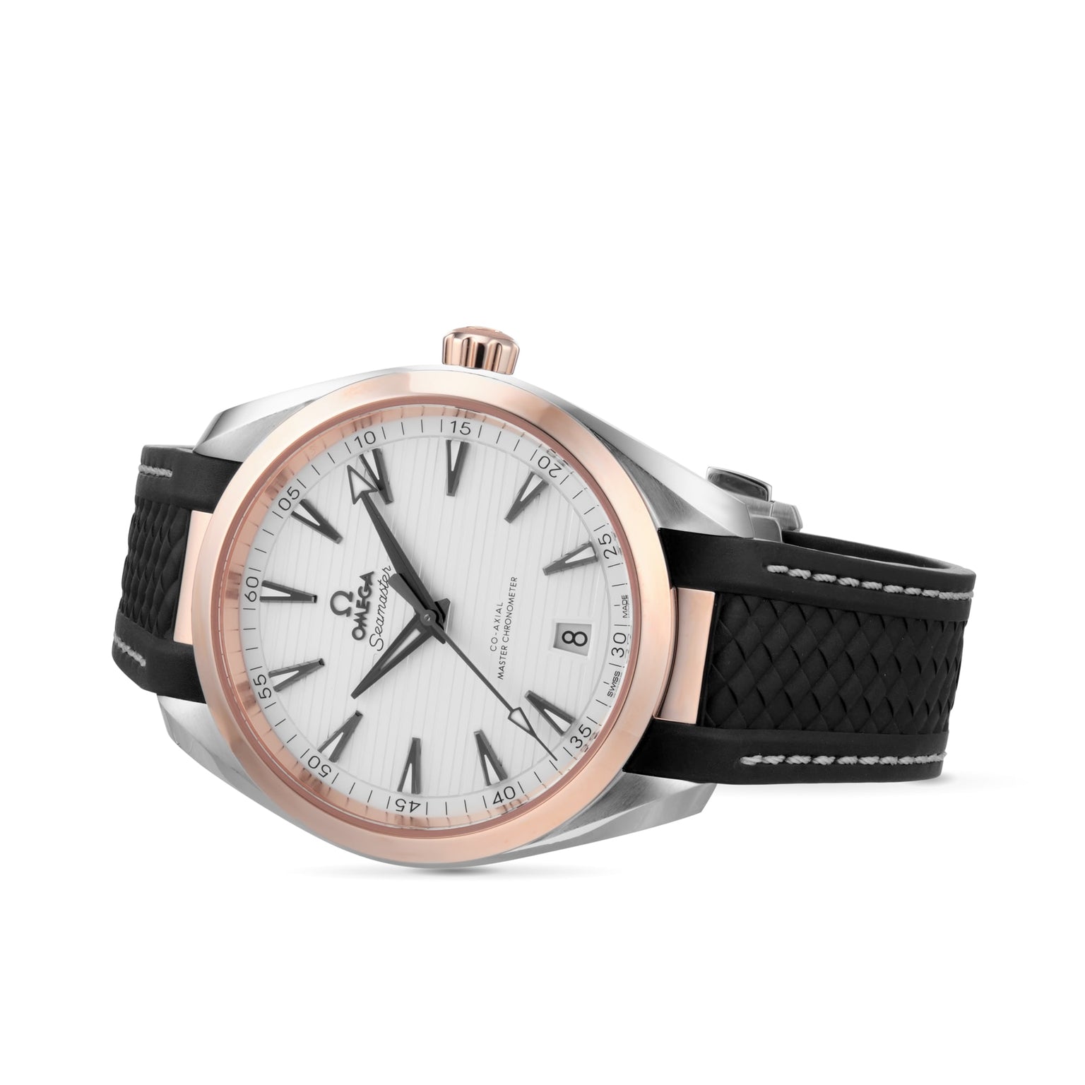 The OMEGA Seamaster Aqua Terra 150M features a white textured dial, rose gold bezel, black & silver case, black rubber strap, and date display at 6 o’clock—a refined Master Chronometer.