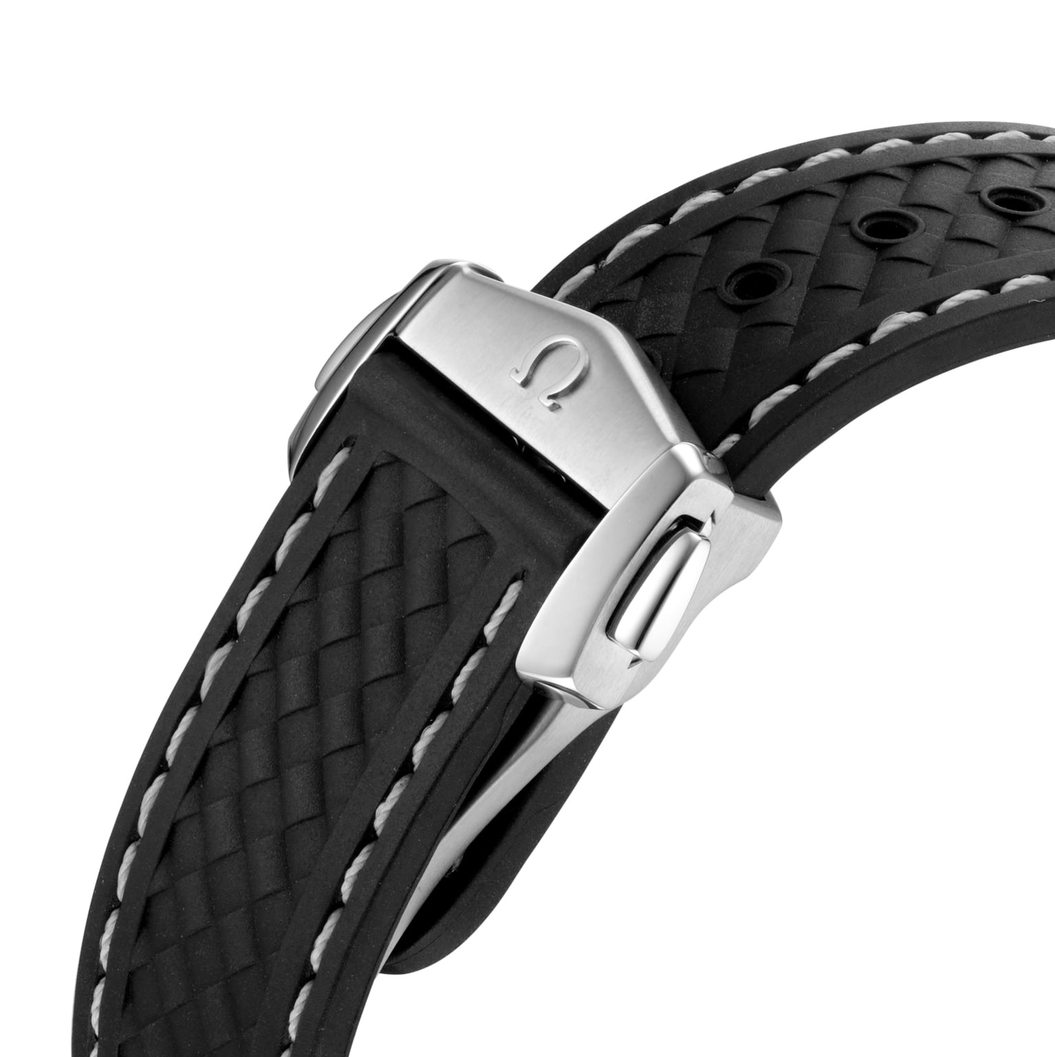 Close-up of a black textured rubber strap with white stitching and a silver clasp engraved with the OMEGA logo—ideal for your Seamaster Aqua Terra 150M.