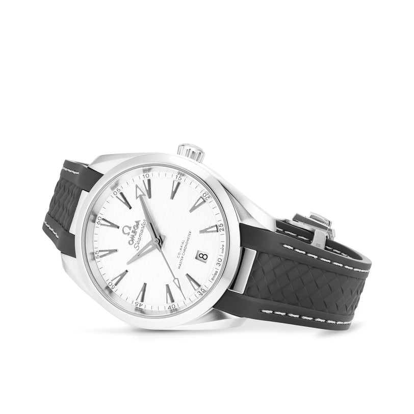 The OMEGA Seamaster Aqua Terra 150M features a silver case, white dial with black Roman numerals, date window, and a black textured rubber strap with white stitching, embodying Seamaster heritage and Master Chronometer precision.