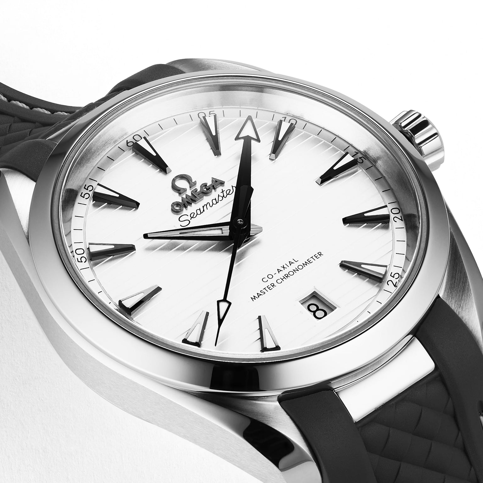 Close-up of the OMEGA Seamaster Aqua Terra 150M with a stainless steel case, white dial, black hour markers, date at 6 o’clock, and textured black rubber strap—Master Chronometer certified and honoring Seamaster heritage.