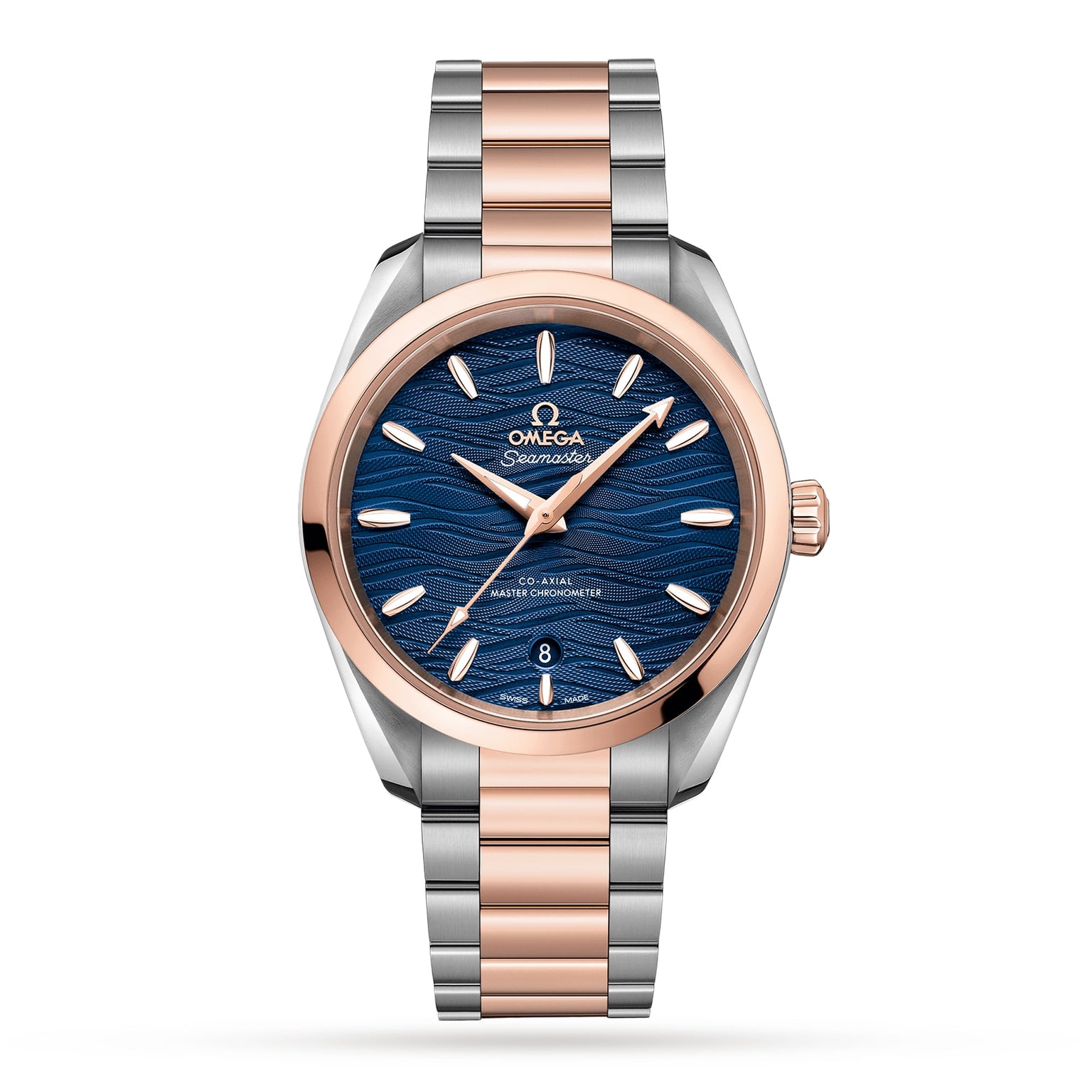 OMEGA Seamaster Aqua Terra 150M wristwatch featuring a blue textured dial, rose gold bezel, and two-tone silver and rose gold bracelet, powered by the precise 8800 calibre movement, showcased against a white background.