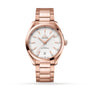 The OMEGA Seamaster Aqua Terra 150M, shown on a white background, features a rose gold case, silver dial, gold markers and hands, Master Chronometer 8901 calibre, date at 6 o’clock, and a metal link bracelet.