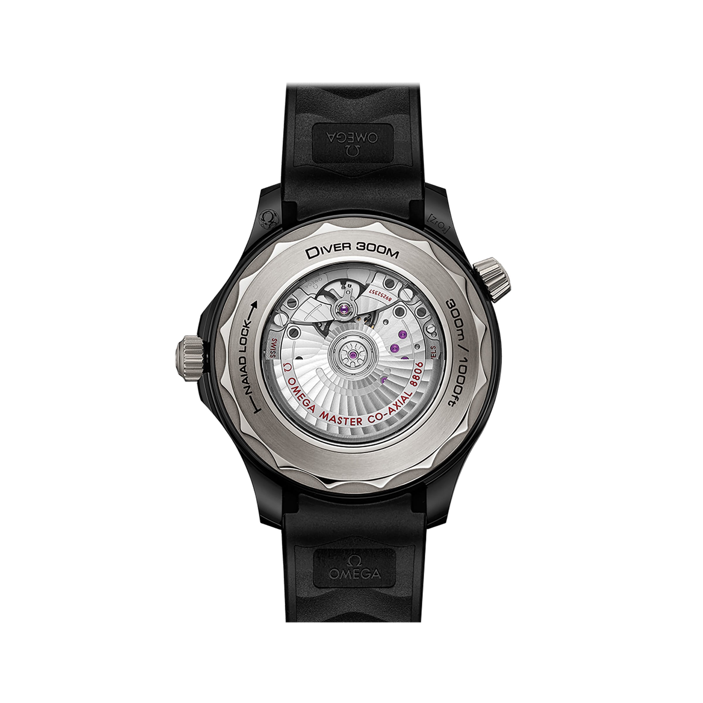 The back view of the OMEGA Seamaster Diver 300M shows its transparent caseback, detailed movement, and black rubber strap.