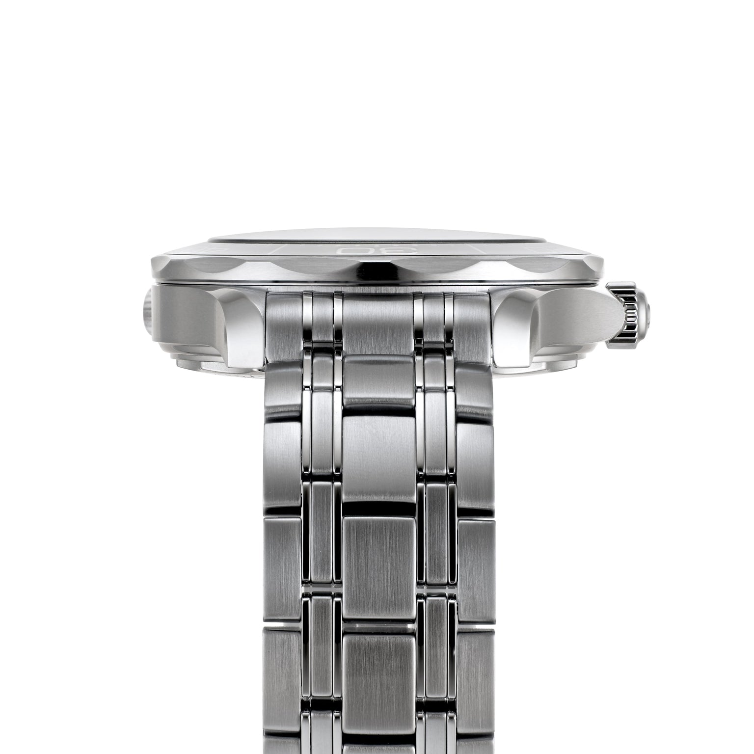Side view of the OMEGA Seamaster Diver 300M with stainless steel bracelet and visible crown, displayed against a white background.