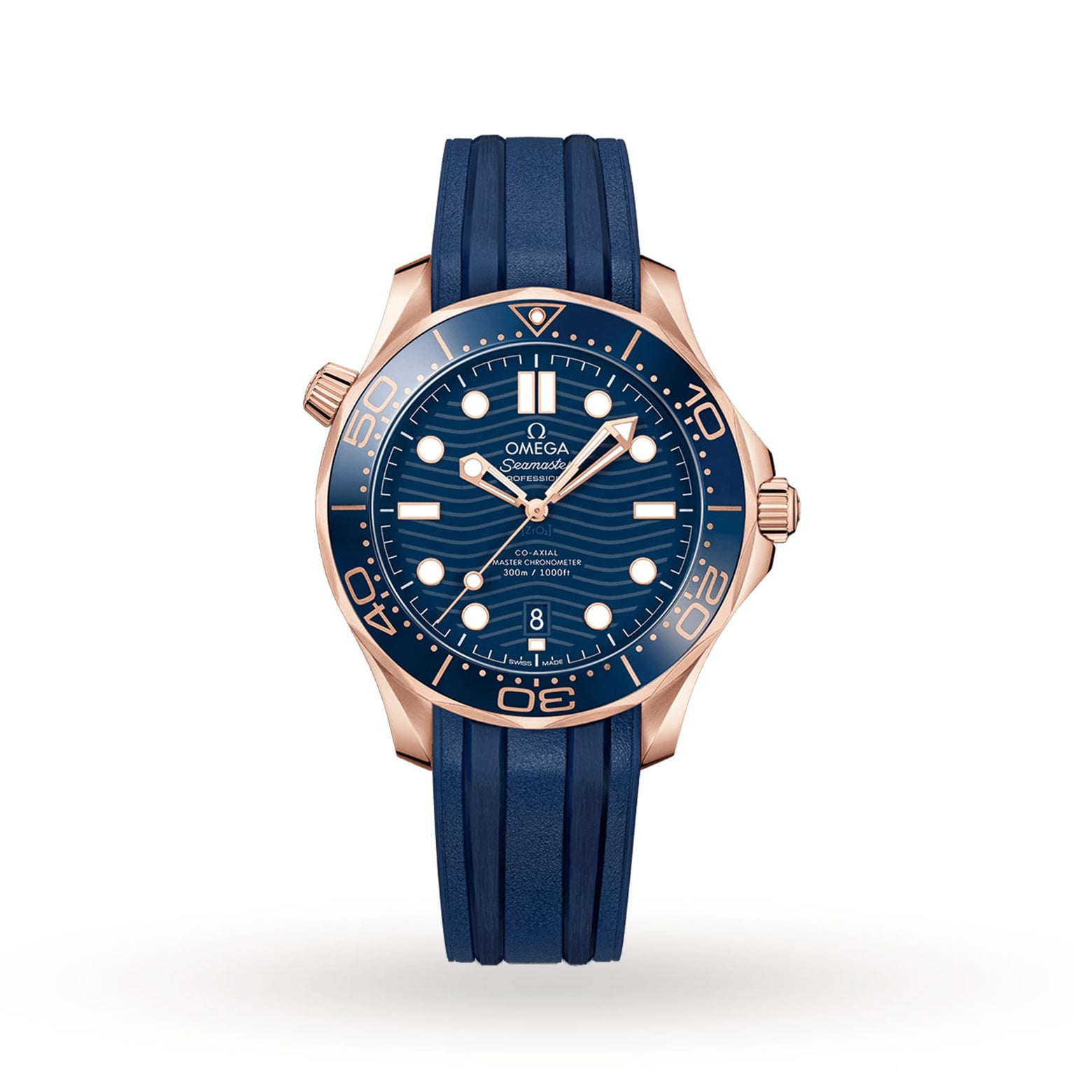 An OMEGA Seamaster Diver 300M in blue and rose gold, featuring a blue rubber strap, blue dial, and date display, shown on a plain white background.