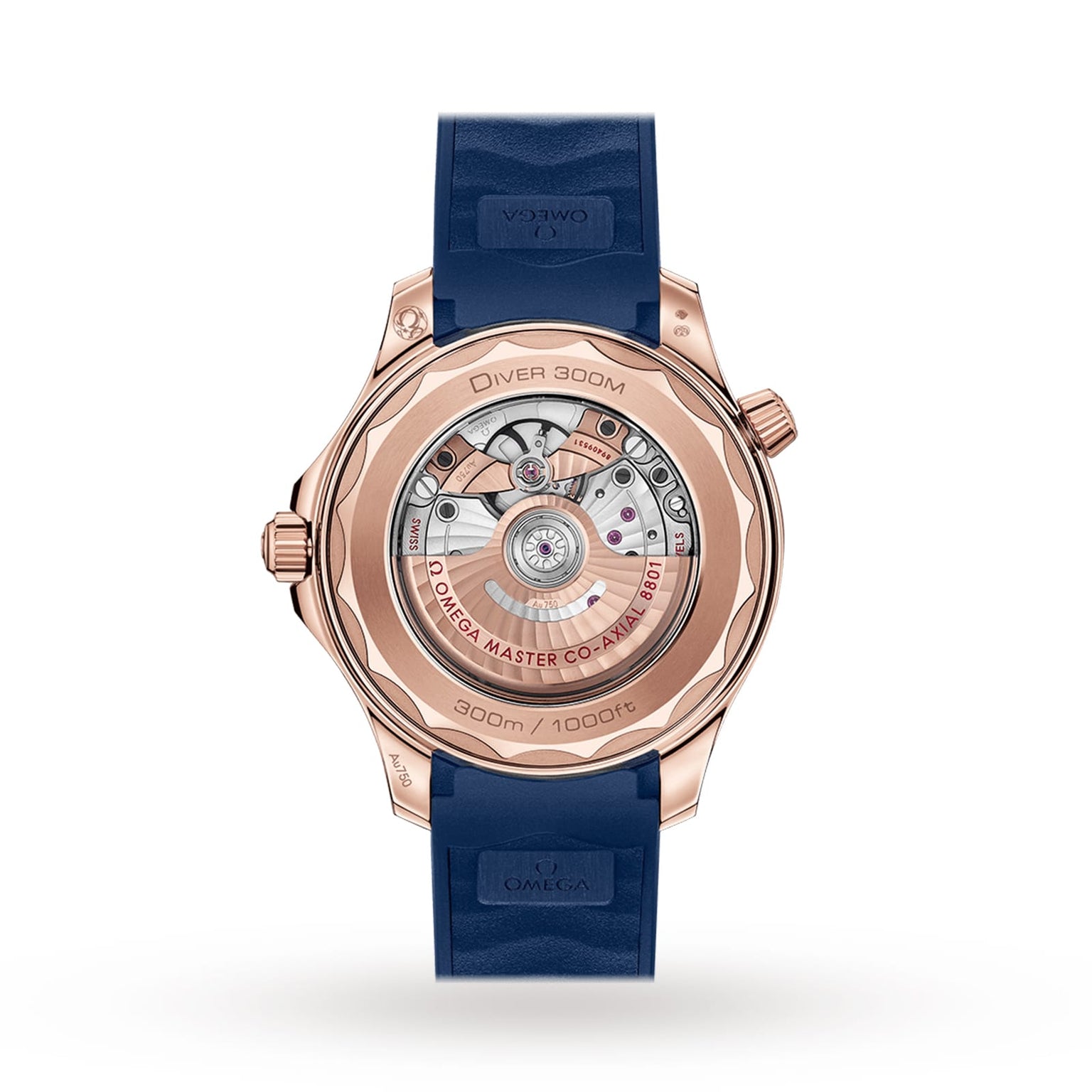 Back view of the OMEGA Seamaster Diver 300M, highlighting its exposed mechanical movement, rose gold case, and blue rubber strap—a stylish dive watch choice.