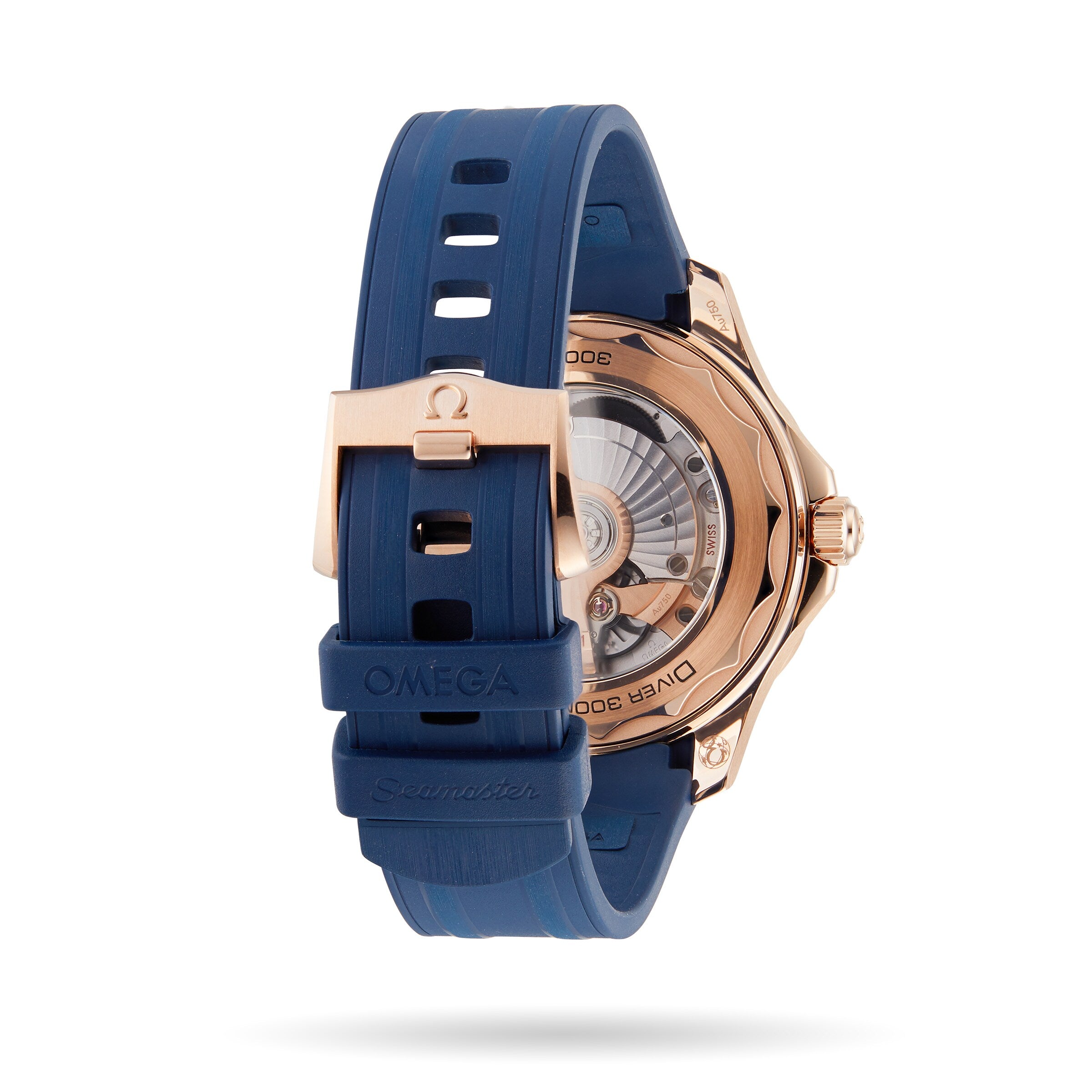 The image displays the back of the OMEGA Seamaster Diver 300M, featuring a blue rubber strap and a transparent case back that reveals its movement—a design famously associated with James Bond.