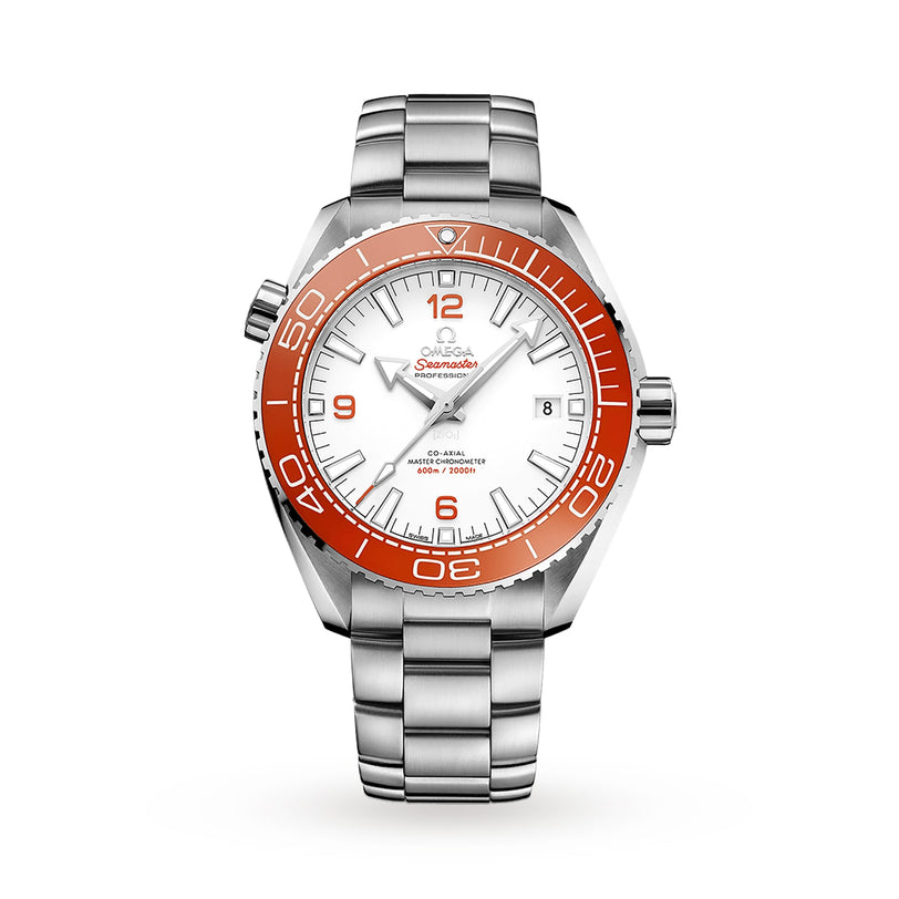 The OMEGA Seamaster Planet Ocean 600M is a stainless steel diving watch featuring a white dial, orange bezel, silver hour markers, and a date display at 6 o’clock.