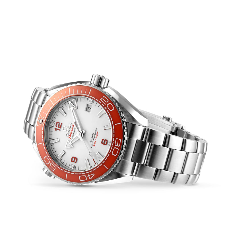 The OMEGA Seamaster Planet Ocean 600M diving watch features a stainless steel case, silver dial, orange bezel, and metal link bracelet, displayed at an angle on a white background.