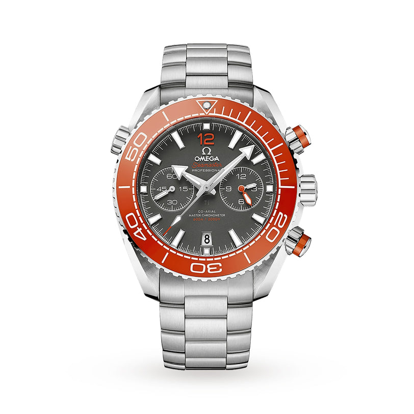 An OMEGA Seamaster Planet Ocean 600M wristwatch in stainless steel with a grey dial, orange bezel, metal bracelet, chronograph subdials, date display, and powered by the 9900 calibre movement.