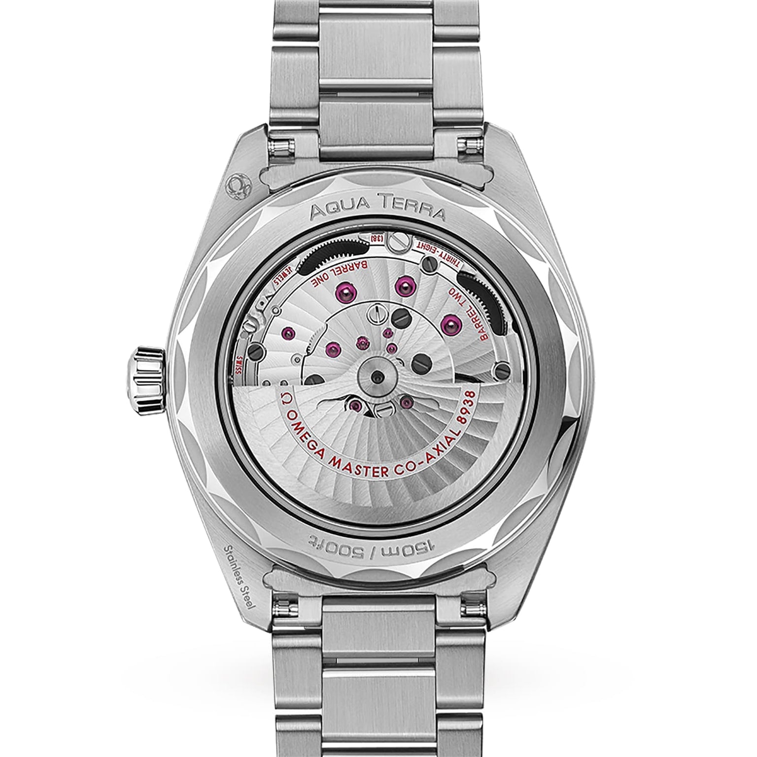 Back view of the OMEGA Seamaster Aqua Terra 150M, featuring a transparent caseback that reveals its intricate mechanical movement and highlights the “Omega Master Co-Axial 8900” text, reflecting Seamaster heritage craftsmanship.