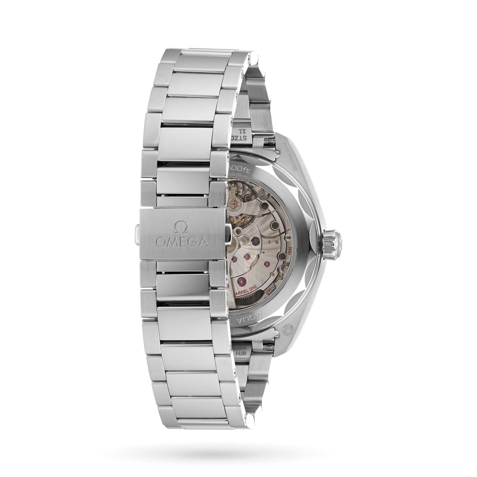 The OMEGA Seamaster Aqua Terra 150M wristwatch is shown from the back, highlighting its transparent caseback and visible mechanical movement—a tribute to Seamaster heritage with contemporary precision.