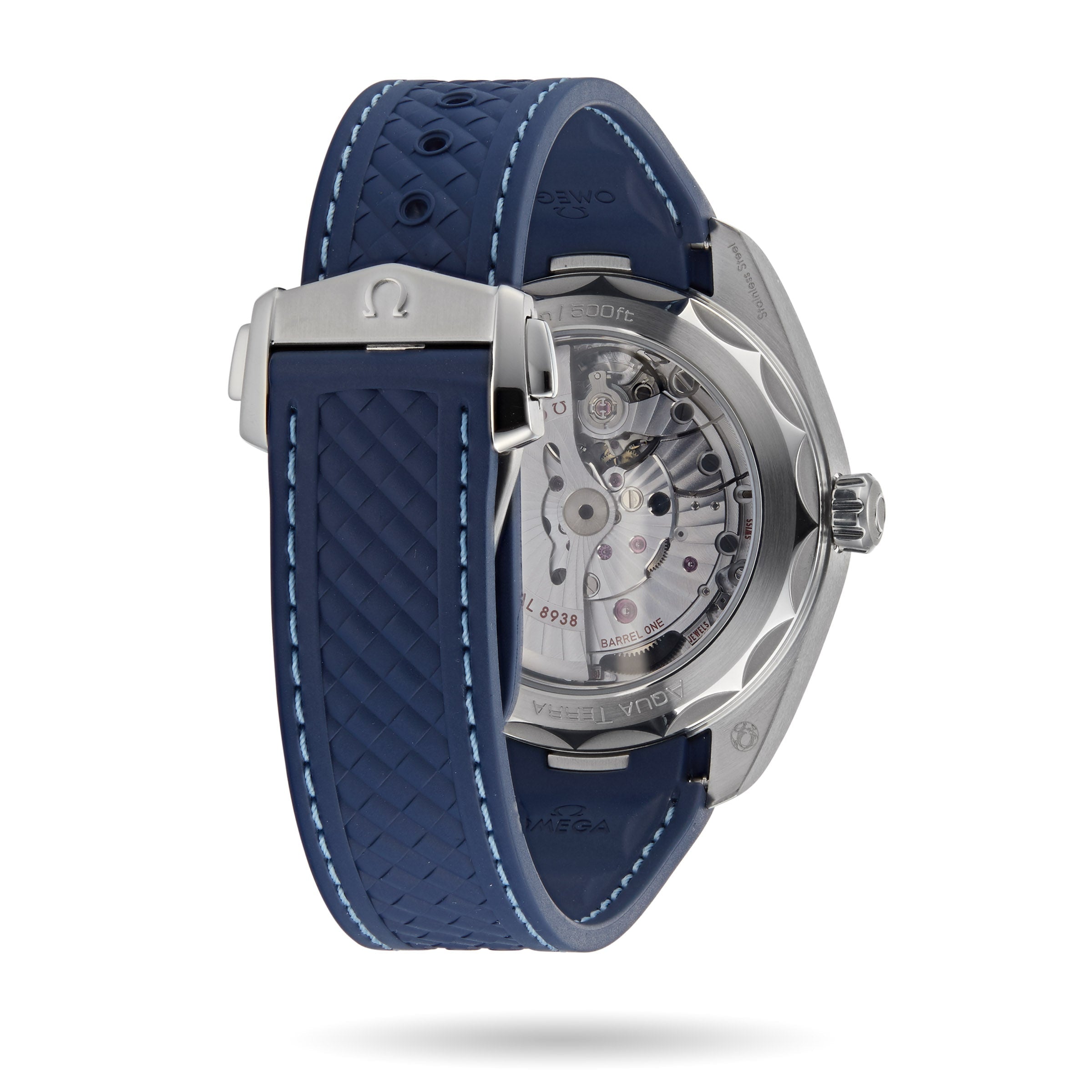 Back view of the OMEGA Seamaster Aqua Terra 150M with a blue textured strap, featuring a transparent case back that displays its intricate mechanical movement.