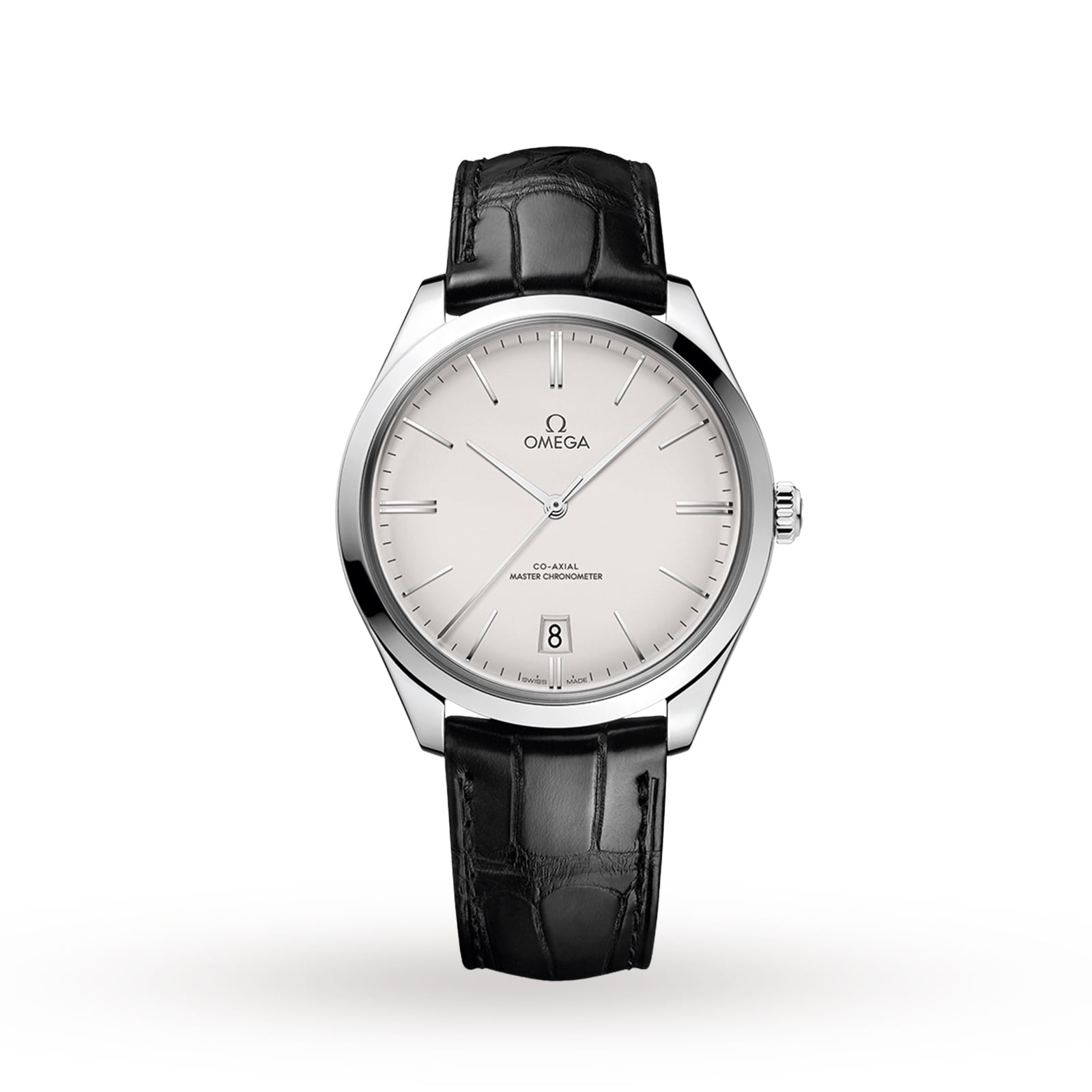 An OMEGA De Ville Trésor wristwatch in silver with a white dial, black leather strap, minimal hour markers, and a date window at 6 o’clock, powered by the Master Co-Axial Calibre 8910, displayed on a plain white background.