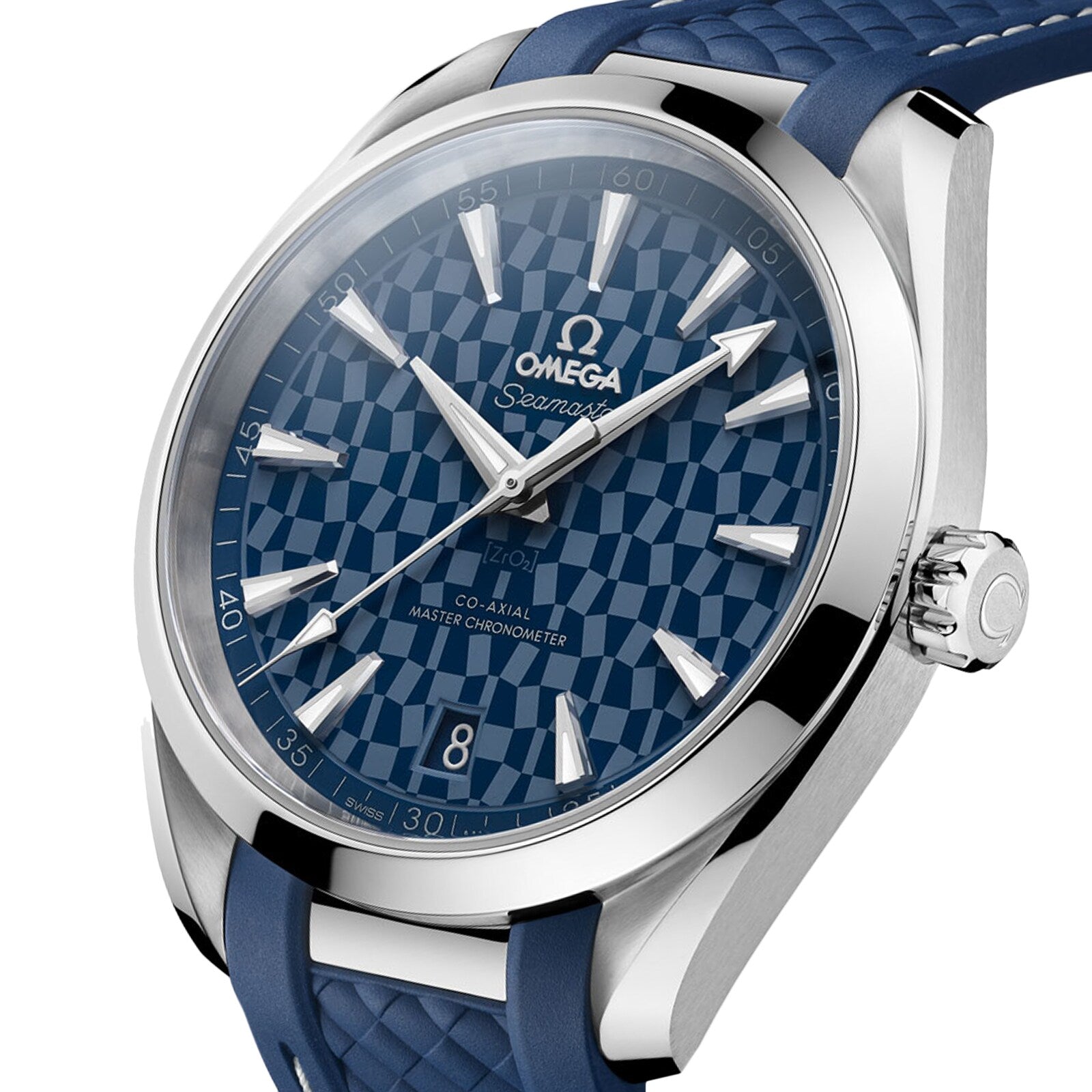 Close-up of the OMEGA Seamaster Tokyo 2020 Limited Edition, featuring a blue patterned dial, white hour markers, Master Chronometer Calibre 8900, date at 6 o’clock, and a blue strap—a tribute to the Olympic Games.