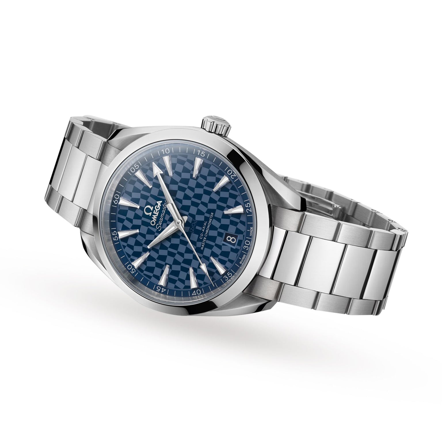 The OMEGA Seamaster Tokyo 2020 Limited Edition features a stainless steel band, blue patterned dial, Master Chronometer Calibre 8900, and date at 6 o’clock—an elegant tribute to the Olympic Games Tokyo 2020.