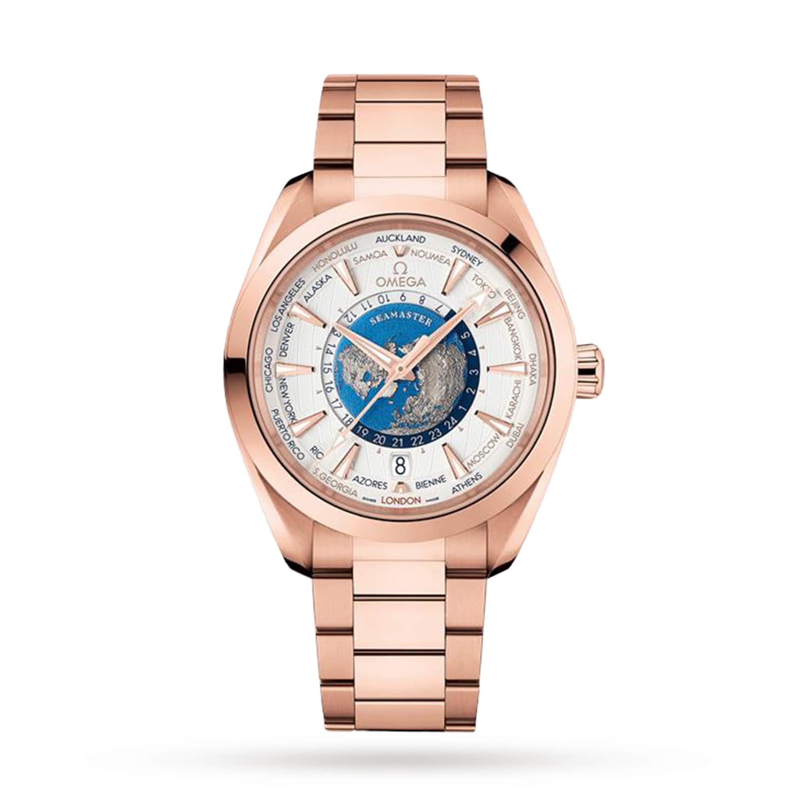 The OMEGA Seamaster Aqua Terra 150M in 18K Sedna gold features a world map dial, city names on the outer ring, a date display at 6 o’clock, and is powered by the Master Chronometer Calibre 8939.