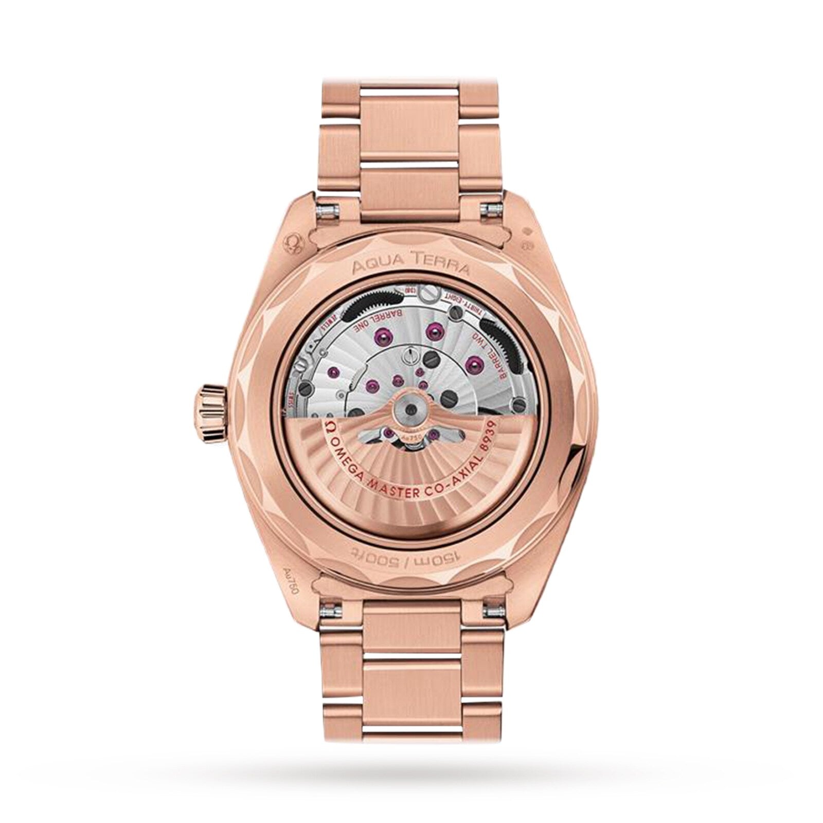 The back view of the OMEGA Seamaster Aqua Terra 150M in 18K Sedna gold reveals a transparent case showcasing its intricate Master Chronometer Calibre 8939 movement and engraved details.