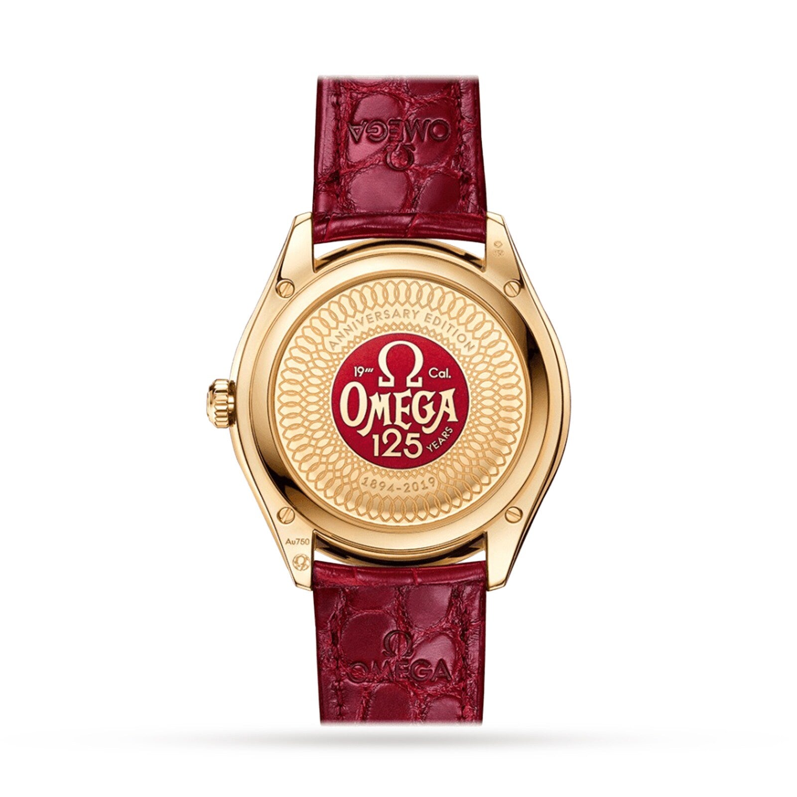 The back of an OMEGA De Ville Trésor wristwatch with a gold case and red leather strap features a 125th Anniversary Edition engraving in red and gold, and houses the Master Chronometer Calibre 8910.