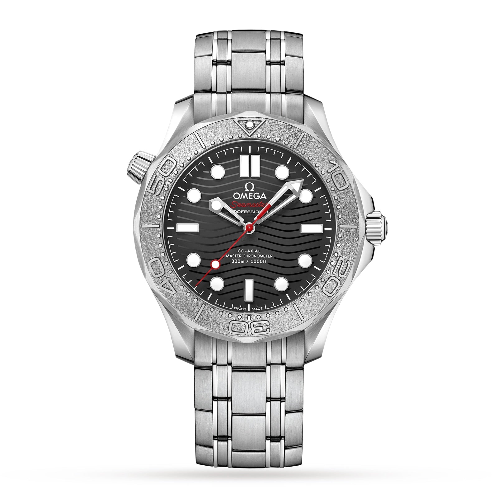 The OMEGA Seamaster Diver 300M Nekton Edition features a stainless steel case, black laser-ablated ceramic wavy dial, silver bezel, metal link bracelet, and displays the time 10:09:36.