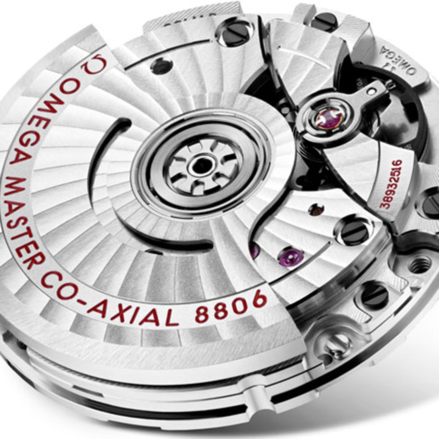 Close-up view of the OMEGA Seamaster Diver 300M Nekton Edition, showcasing the Master Co-Axial 8806 movement with intricate mechanical details and red branding, all encased in durable stainless steel.